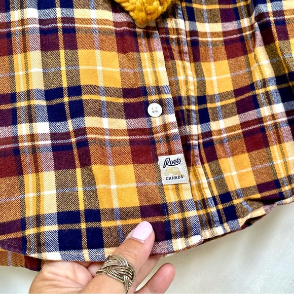 ROOTS plaid flannel boho shirt/cover up w fall harvest thanksgiving cabin vibe - Picture 8 of 14
